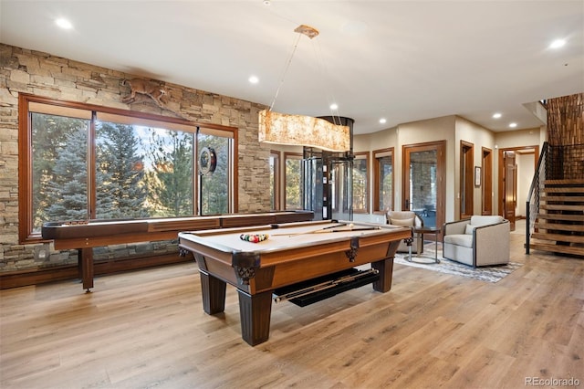 rec room featuring light wood finished floors, pool table, and recessed lighting