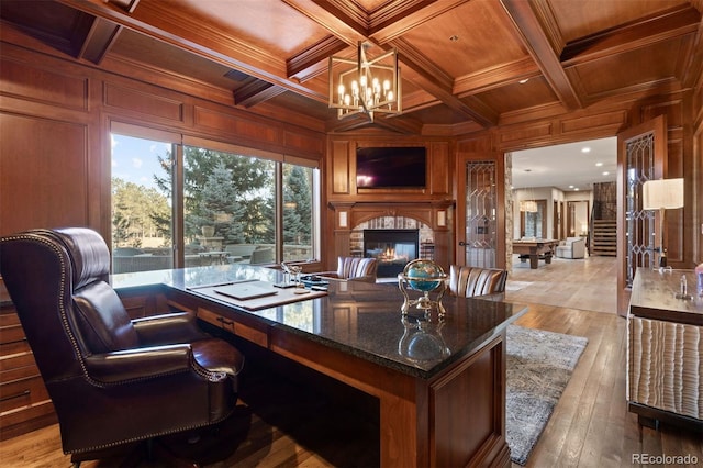 office featuring crown molding, a chandelier, wood ceiling, coffered ceiling, and wood walls