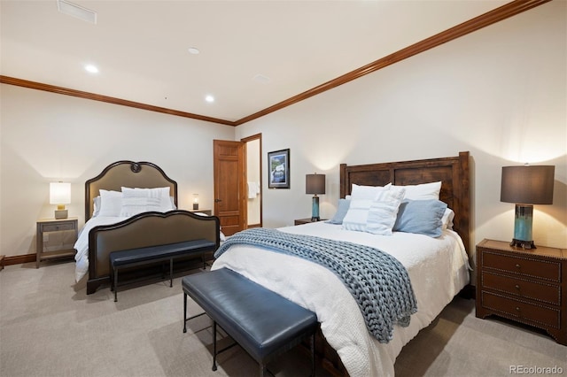 bedroom featuring light colored carpet, baseboards, ornamental molding, and recessed lighting