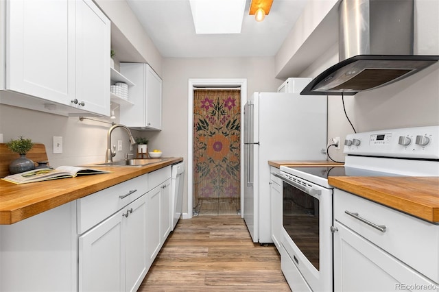 1820 Newland Ct Unit 310, Lakewood, CO 80214 - kitchen featuring white appliances, butcher block counters, exhaust hood, a sink, and open shelves