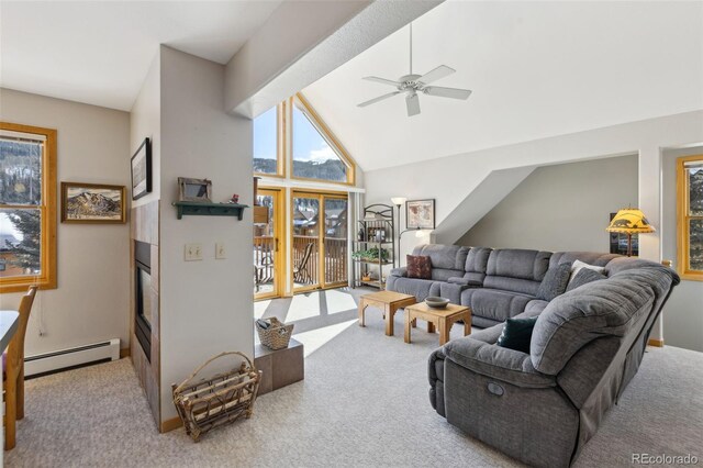 living room with high vaulted ceiling, carpet, baseboard heating, and ceiling fan