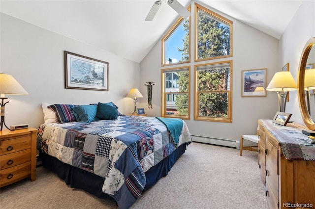 bedroom with light colored carpet, a baseboard heating unit, ceiling fan, and vaulted ceiling