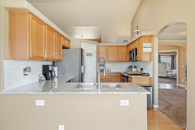 56330 E 37th Ct, Strasburg, CO 80136 - kitchen with a peninsula, appliances with stainless steel finishes, light stone counters, and a sink