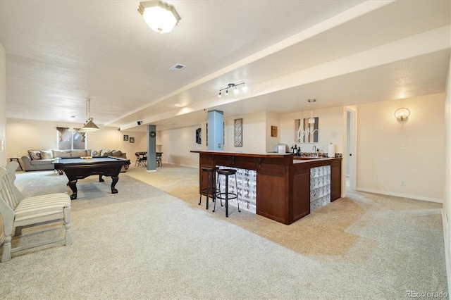 56330 E 37th Ct, Strasburg, CO 80136 - recreation room featuring light carpet, visible vents, bar, and billiards