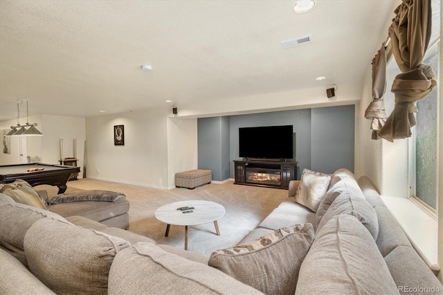 56330 E 37th Ct, Strasburg, CO 80136 - carpeted living area featuring baseboards, visible vents, recessed lighting, and billiards