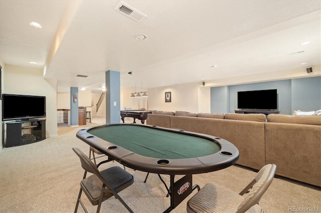 56330 E 37th Ct, Strasburg, CO 80136 - rec room with recessed lighting, visible vents, light colored carpet, and billiards