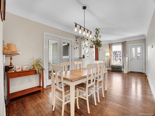 dining space with dark hardwood / wood-style floors and french doors