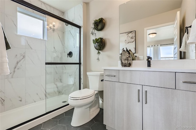 bathroom featuring toilet, an enclosed shower, a healthy amount of sunlight, and vanity