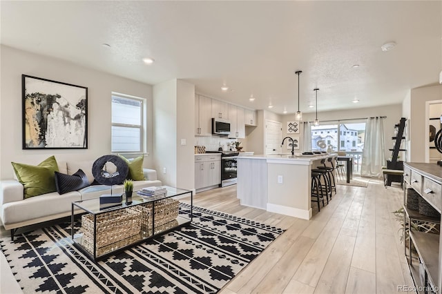 living room featuring light hardwood / wood-style floors, a textured ceiling, and a healthy amount of sunlight