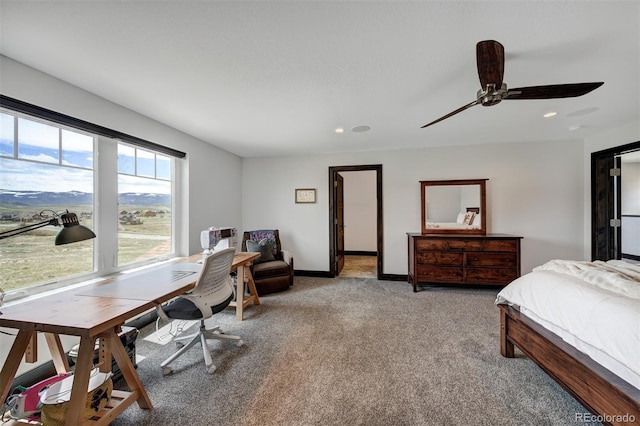 701 Saddle Ridge Cir, Granby, CO 80446 - bedroom featuring light colored carpet, recessed lighting, an office area, a ceiling fan, and baseboards