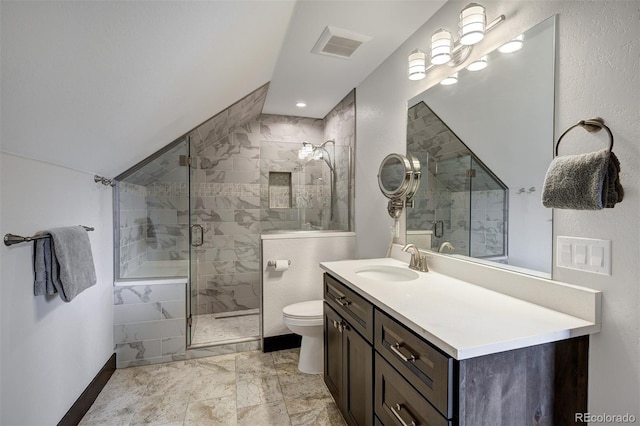 701 Saddle Ridge Cir, Granby, CO 80446 - bathroom with toilet, a stall shower, vanity, baseboards, and marble finish floors