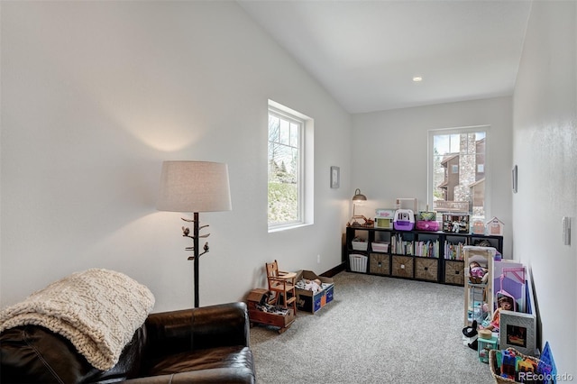 701 Saddle Ridge Cir, Granby, CO 80446 - game room with carpet flooring, vaulted ceiling, and baseboards
