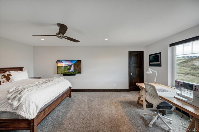701 Saddle Ridge Cir, Granby, CO 80446 - bedroom with carpet floors, an office area, recessed lighting, ceiling fan, and baseboards