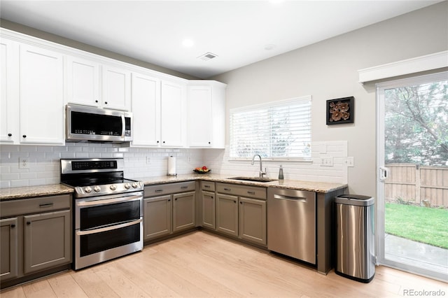 kitchen with stainless steel appliances, a sink, gray cabinetry, light wood-style flooring, and tasteful backsplash