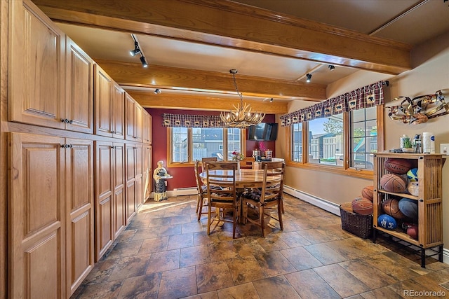 dining space with beamed ceiling, dark tile flooring, a baseboard radiator, and an inviting chandelier