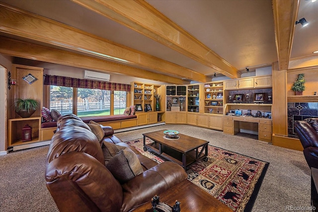 living room featuring beam ceiling, carpet flooring, baseboard heating, and a wall unit AC