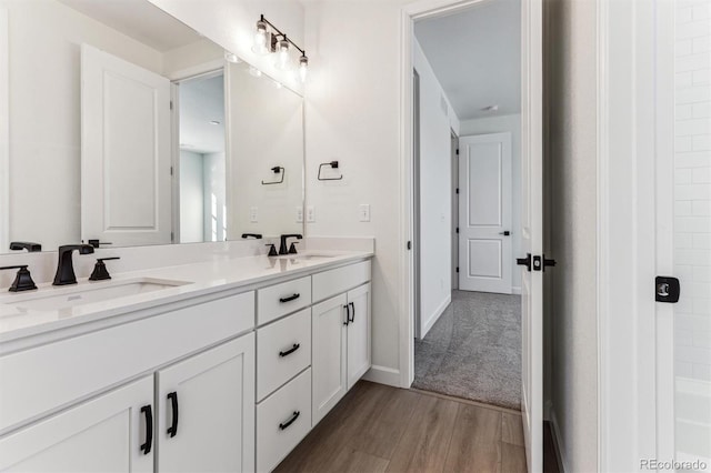 bathroom with wood-type flooring and vanity