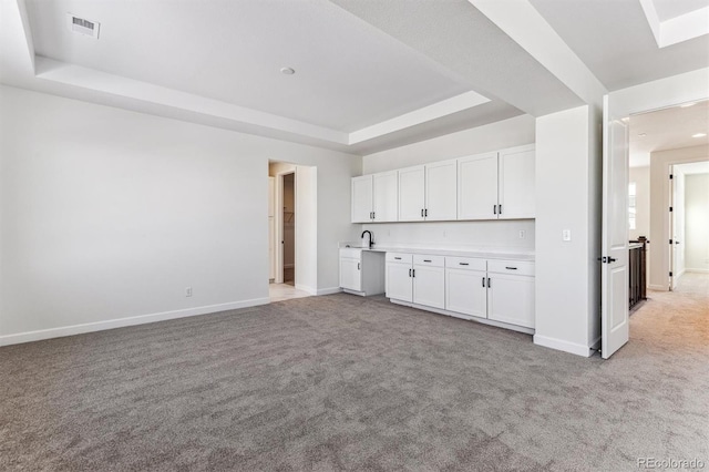 interior space featuring light carpet, sink, and a tray ceiling