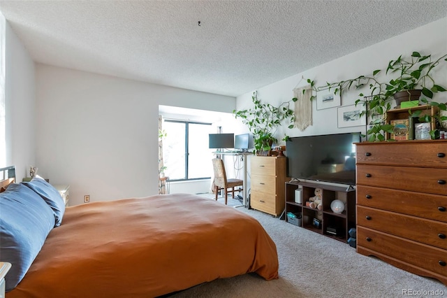 carpeted bedroom with a textured ceiling