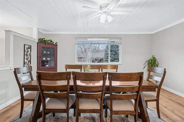 dining area featuring hardwood / wood-style flooring, ceiling fan, wooden ceiling, and ornamental molding