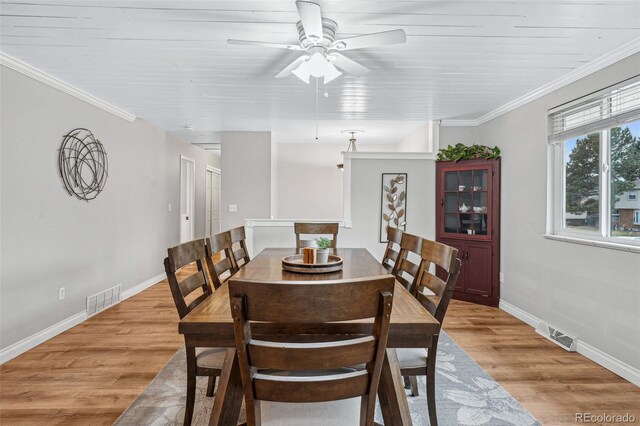 dining room with ceiling fan, light hardwood / wood-style floors, wooden ceiling, and crown molding