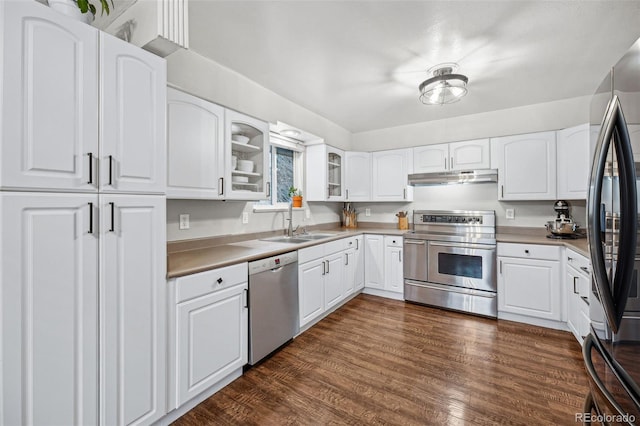 7636 S Eaton Way, Littleton, CO 80128 - kitchen featuring appliances with stainless steel finishes, under cabinet range hood, glass insert cabinets, and white cabinets