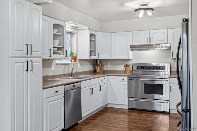 7636 S Eaton Way, Littleton, CO 80128 - kitchen featuring stainless steel appliances, under cabinet range hood, glass insert cabinets, white cabinets, and light countertops