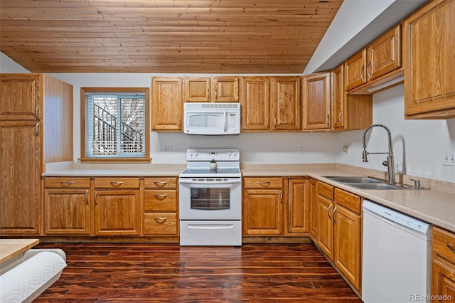 kitchen featuring dark hardwood / wood-style flooring, white appliances, vaulted ceiling, sink, and wooden ceiling