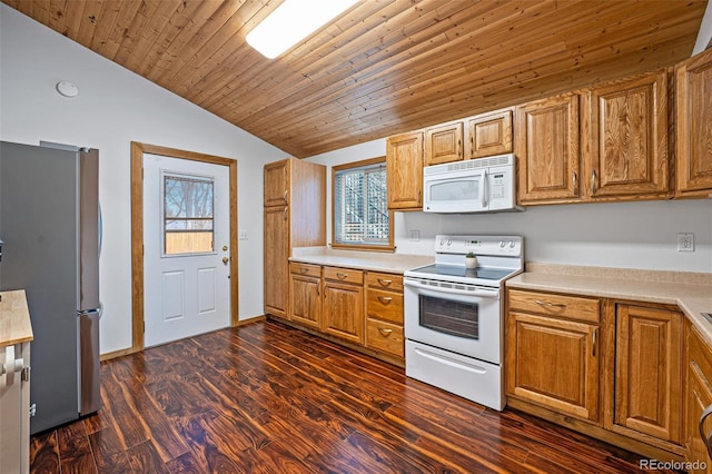 7636 S Eaton Way, Littleton, CO 80128 - kitchen featuring white appliances, lofted ceiling, healthy amount of natural light, light countertops, and wooden ceiling