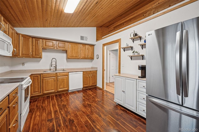 7636 S Eaton Way, Littleton, CO 80128 - kitchen featuring white appliances, lofted ceiling, open shelves, light countertops, and wood ceiling