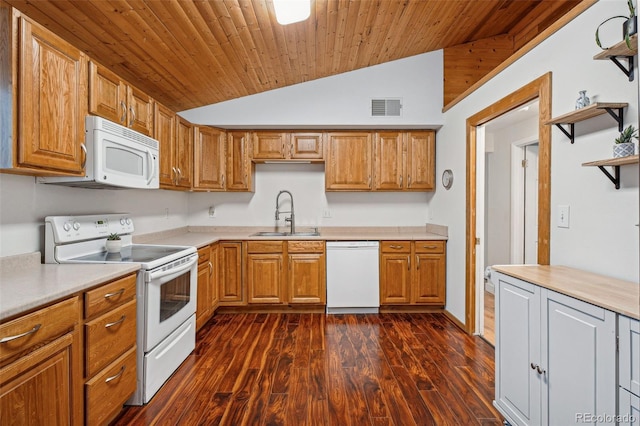 kitchen featuring sink, wooden ceiling, dark hardwood / wood-style floors, lofted ceiling, and white appliances