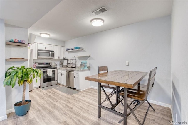 5300 E Cherry Creek S Drive 804, Denver, CO 80246 - kitchen with appliances with stainless steel finishes, open shelves, white cabinets, light wood finished floors, and baseboards