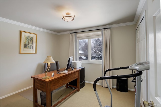 home office with crown molding and light colored carpet