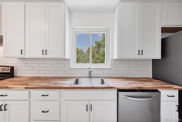 6765 W 33rd Ave, Wheat Ridge, CO 80033 - kitchen with wood counters, dishwasher, backsplash, and white cabinets