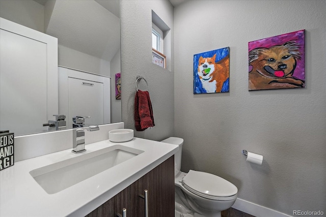 bathroom featuring toilet, vanity, and a textured wall