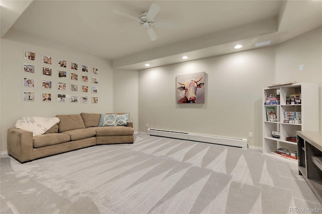 7472 S Utica St, Littleton, CO 80128 - living room with a baseboard heating unit, light colored carpet, recessed lighting, ceiling fan, and baseboards