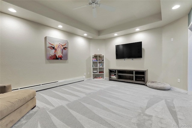 7472 S Utica St, Littleton, CO 80128 - living area featuring carpet floors, baseboard heating, recessed lighting, baseboards, and a ceiling fan