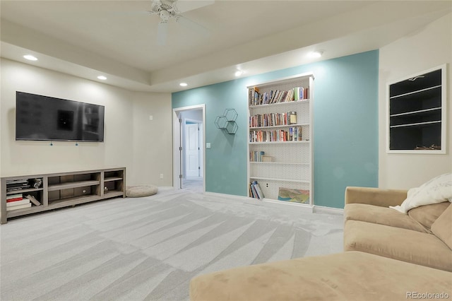 7472 S Utica St, Littleton, CO 80128 - living room featuring carpet, recessed lighting, baseboards, a ceiling fan, and built in features
