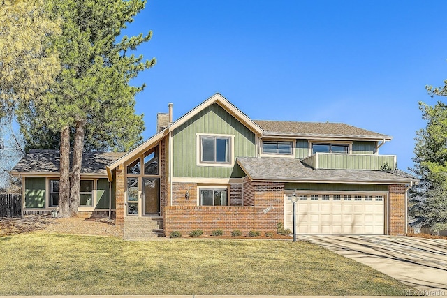8159 Lodgepole Trl, Lone Tree, CO 80124 - view of front of property featuring concrete driveway, a chimney, a balcony, a front yard, and brick siding