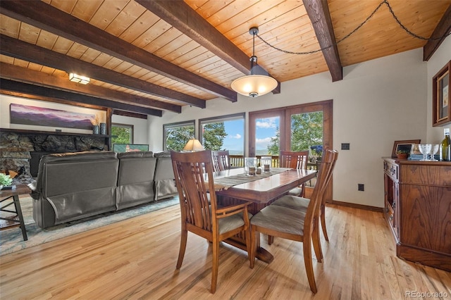 32462 Lodgepole Dr, Evergreen, CO 80439 - dining area with a wooden ceiling with exposed beams, light wood-type flooring, and plenty of natural light