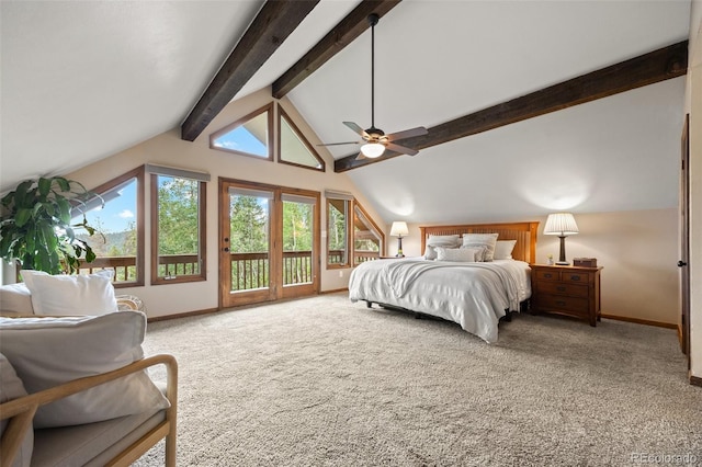 32462 Lodgepole Dr, Evergreen, CO 80439 - bedroom with access to exterior, carpet, and a ceiling fan
