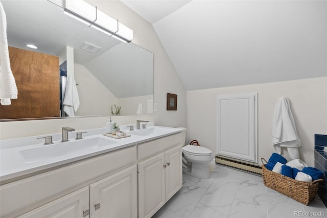 32462 Lodgepole Dr, Evergreen, CO 80439 - bathroom with a baseboard heating unit, double vanity, marble finish flooring, and vaulted ceiling