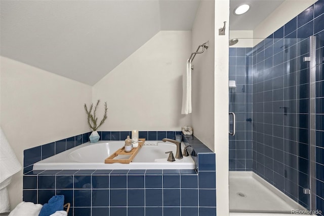 32462 Lodgepole Dr, Evergreen, CO 80439 - bathroom featuring a stall shower, a garden tub, and lofted ceiling