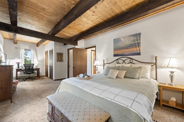 32462 Lodgepole Dr, Evergreen, CO 80439 - bedroom featuring carpet floors, a wood ceiling with exposed beams, and an office area
