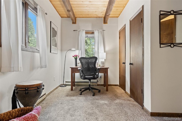 32462 Lodgepole Dr, Evergreen, CO 80439 - carpeted home office featuring a wooden ceiling with exposed beams and baseboard heating