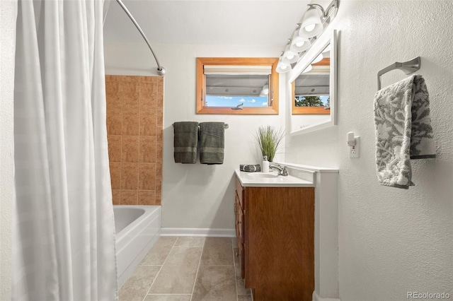 32462 Lodgepole Dr, Evergreen, CO 80439 - bathroom with shower / bathtub combination with curtain, vanity, and tile patterned flooring
