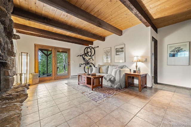 32462 Lodgepole Dr, Evergreen, CO 80439 - living area featuring a wood ceiling with exposed beams, light tile patterned floors, and a baseboard radiator