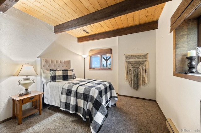 32462 Lodgepole Dr, Evergreen, CO 80439 - bedroom with a baseboard heating unit, a wooden ceiling with exposed beams, and carpet