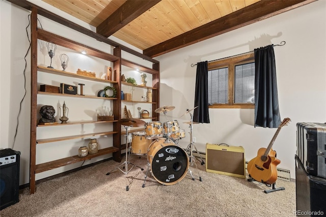 32462 Lodgepole Dr, Evergreen, CO 80439 - game room with a wood ceiling with exposed beams, carpet flooring, and baseboard heating