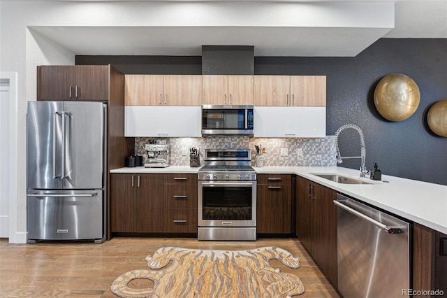 kitchen featuring light wood-type flooring, decorative backsplash, appliances with stainless steel finishes, and sink